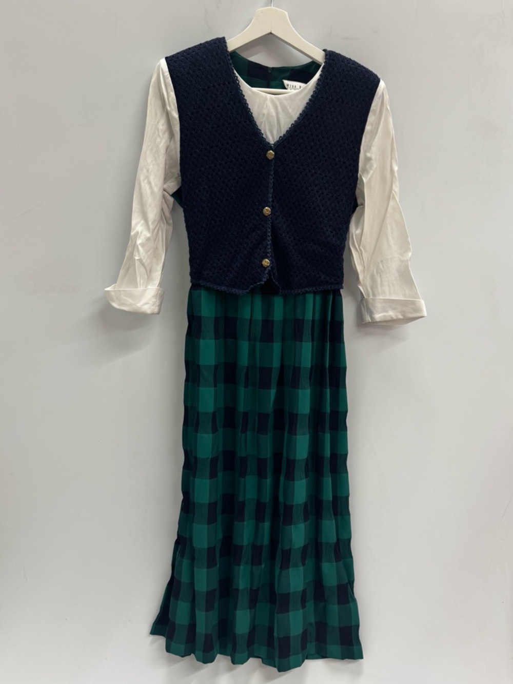 Vintage Miss Dorby Petites Layered Green Plaid Maxi Dress with Navy Knit Vest